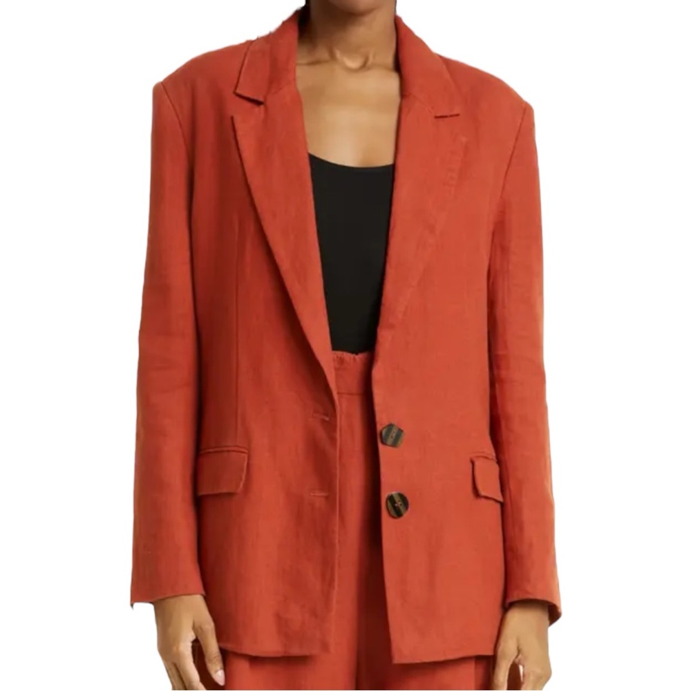 Farm Rio Linen Blazer Orange Textured Blazer with Notched Lapels
